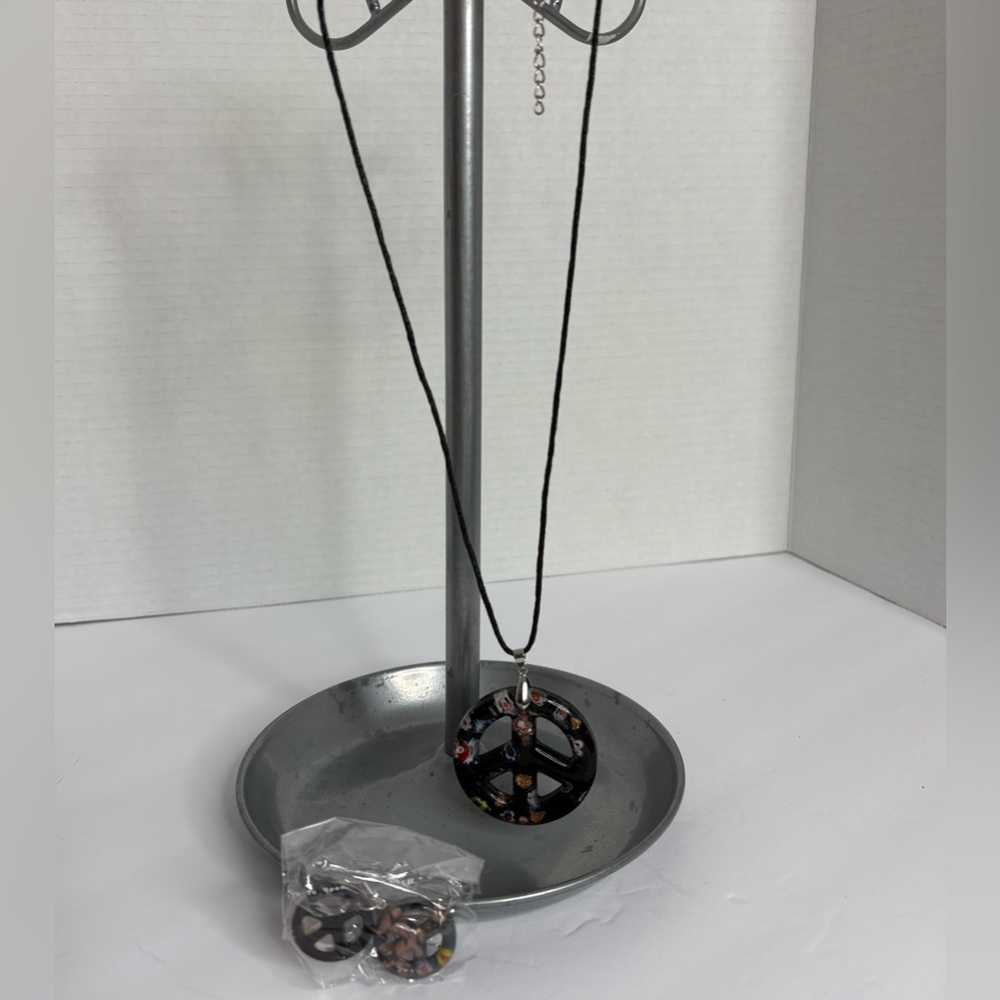 Black Peace Sign Pendant Necklace and Earrings Glass New